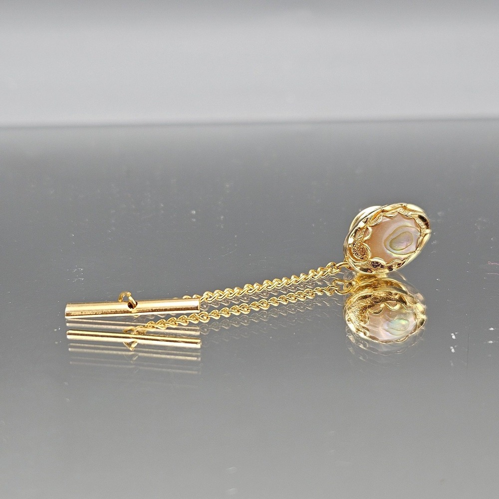 Vintage Gold Tone Tie Bar Chain Clip with Mother of Pearl Inlay Accent